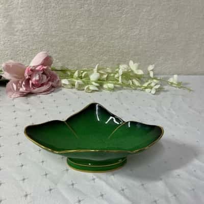 Vintage Carlton Ware Art Deco Style Green/ Gold "Vert Royale" Footed Trinket Dish