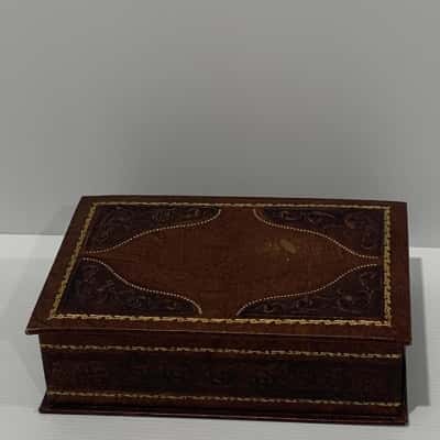 Vintage Italian Tooled Leather, Water-wave Satin Lined Trinket Box, with Gold Accents
