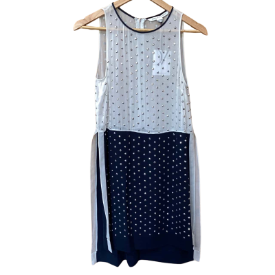 Diane Von Furstenberg Navy/Cream Silk Rhinestone Top Size 4