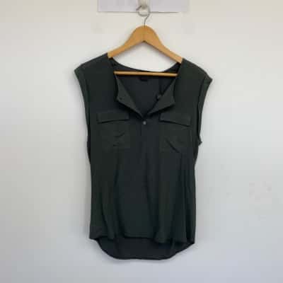 David Lawrence Khaki Viscose Silk Sleeveless Button Detail Top  Size L 