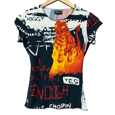 Vintage Bebe Womens Size S Black/Red Dragon Print Short Sleeve Top 