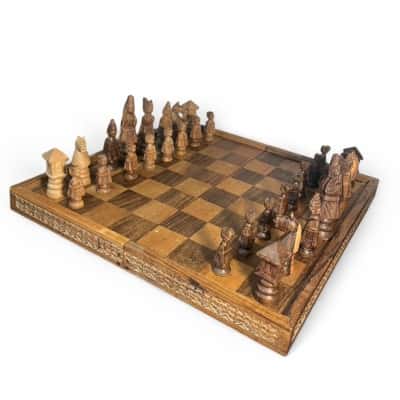 Vintage Wooden Carved Chess Set