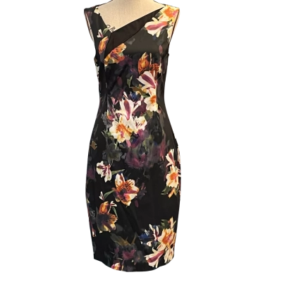 Karen Millen Womens Size 12 Bodycon/Midi/Sleeveless Dress  Black/Floral/Multicoloured