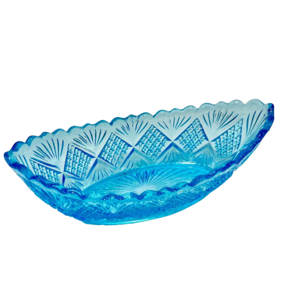 Vintage Blue Pressed Glass Canoe Bowl Saw Tooth Edge 
