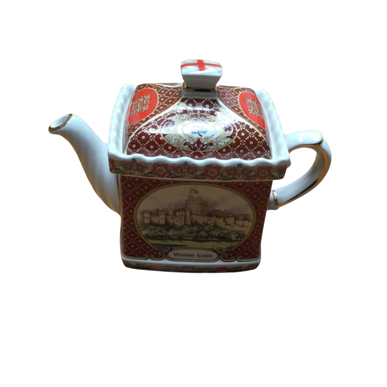 Vintage James Sadler Windsor Castle Red Tea Pot & Lid With Gold Trim
