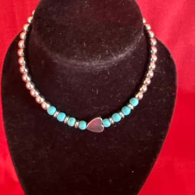  Women's Stainless Steel Beaded Bracelet featuring a Central Solid Hear Charm & Turquoise Beads