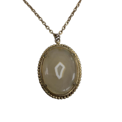  Womens Vintage Necklace Gold Tone with Large Agate Pendant