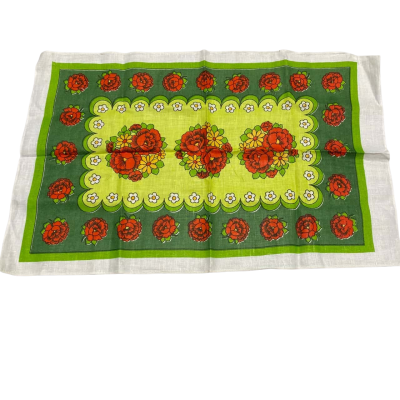 Pure Linen Green/Red Floral Tea Towel