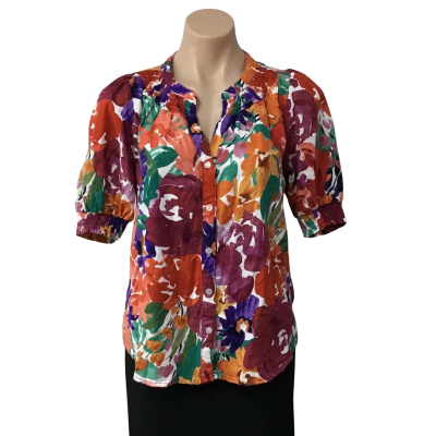 Suzannegrae Womens Size 6 White / Multicoloured Pattern Button up Short Sleeve Top