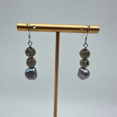 Pearl & Brown Beaded Drop Earrings Stamped 925