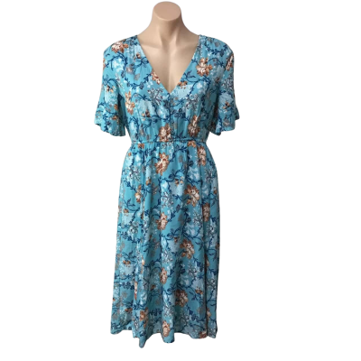 HQ Womens Size M Blue / White / Brown / Pattern Short Sleeve Midi Dress 