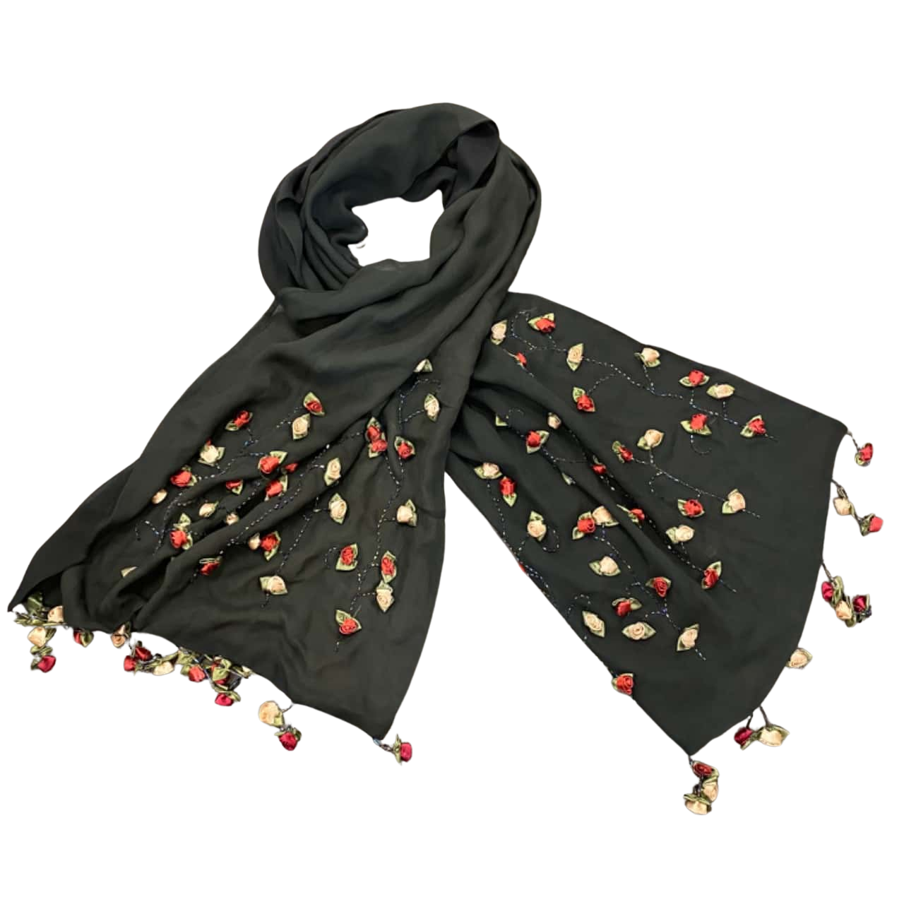 Silk velvet rose scarf in black