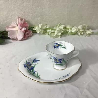 Vintage Windsor Blue Iris Scalloped Edge Bone China Teacup & Tennis Plate Set