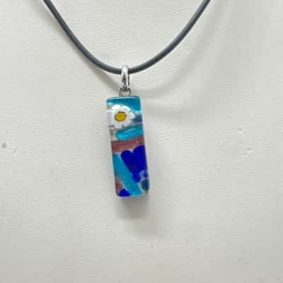  Murano Glass Womens Pendant Blue / White Flower on Black Cord Silver Tone