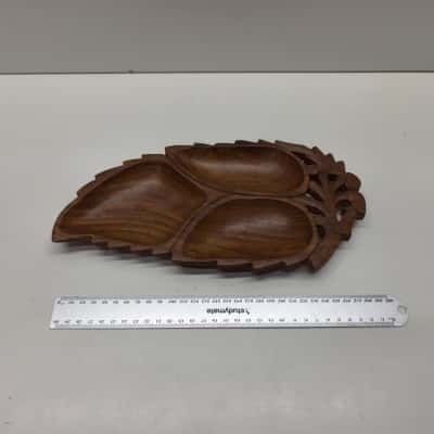 Vintage Hand Carved Wooden Leaf Shaped 3 Section Divided Tray