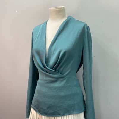 Veronika Maine Womens  Size 10 Sateen Blouse Teal 