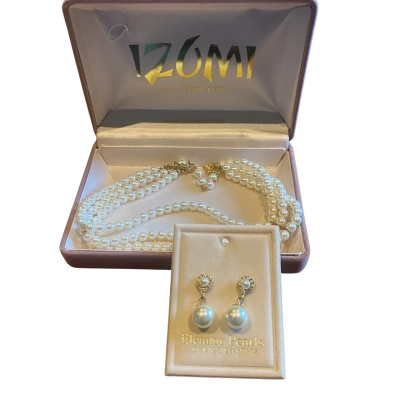 Izumi Womens Immitation Pearl Choker 3 Strand  Necklace & Earrings 