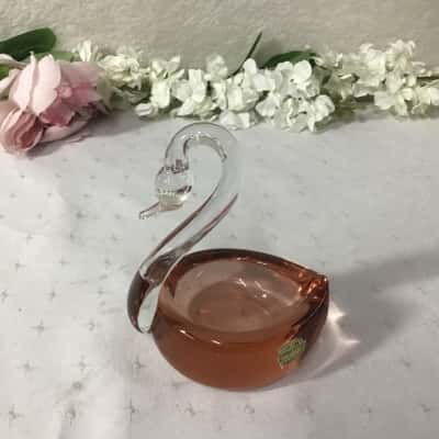Vintage Bohemia Glass Amber / Clear Glass Swan Trinket Dish