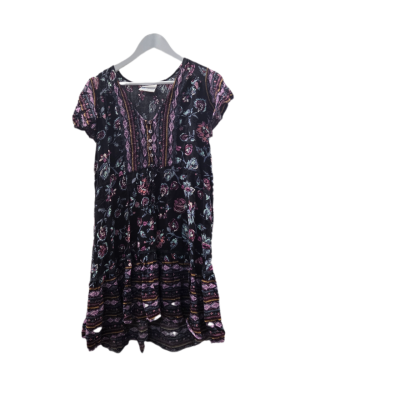 Womens MEERA THE LABEL Boho Floral Print Tiered Mini Dress Size L 100% Rayon Ethically Sourced