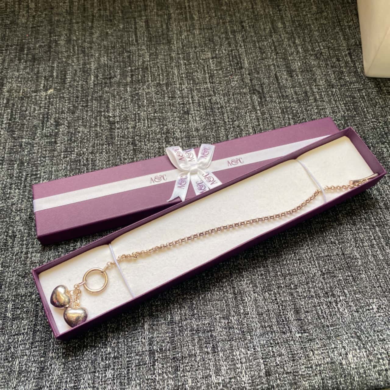 REDUCED ANGUS & COOTE Stamped Silver Bracelet with 2 Heart Charms(s)