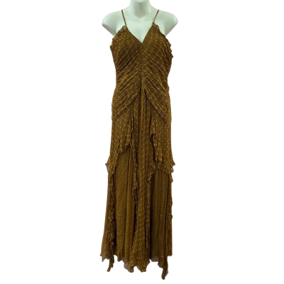 Shona Joy Bielle Ruched Frill Maxi Dress Size 12 Almond and Sand Polka Dot Colour