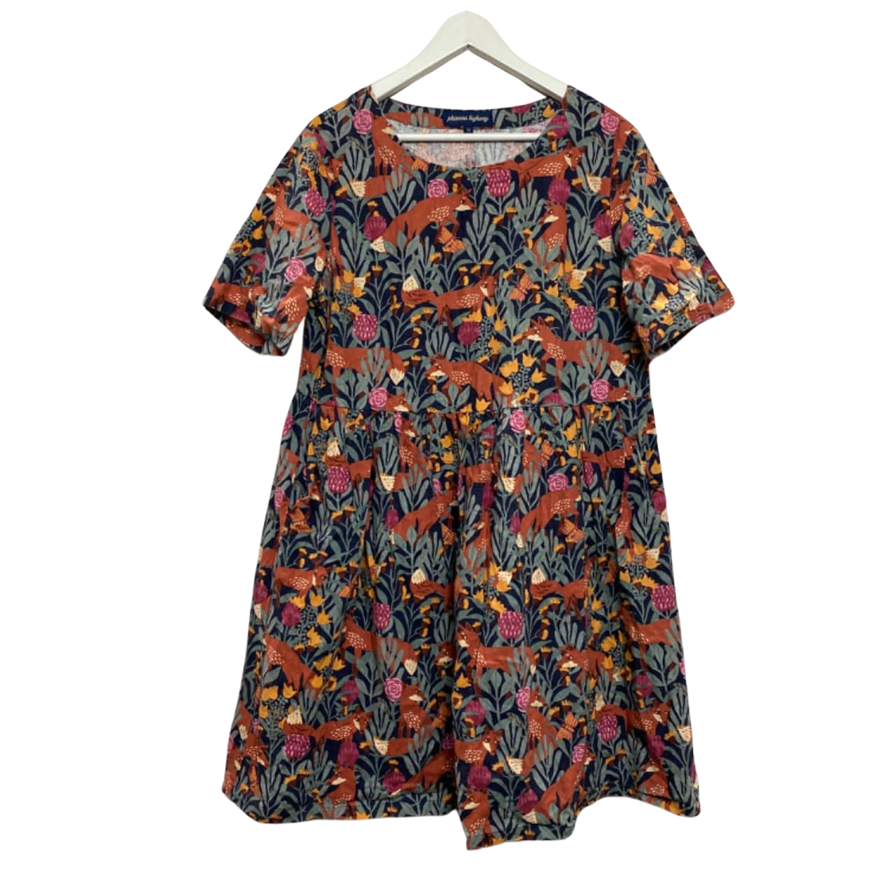 Women's Princess Highway Size 12 Short Sleeve Linen-blend Navy Blue Fox  Pattern Dress (s)