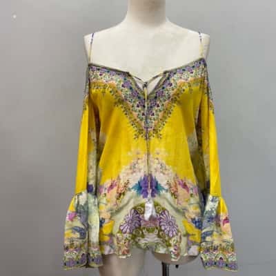 BNWOT Camilla Womens  “Yellow Muse” 100% Silk Size L Drop Shoulder Top Floral / Yellow 