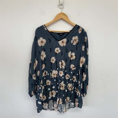 Verge Blue Floral Long Sleeve Blouse Top Size XL