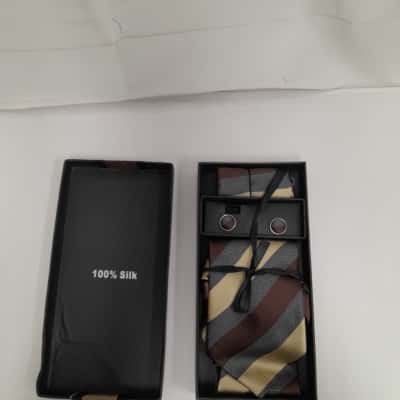  Mens Gold / Grey / Red Suit Tie and Cuff link Set