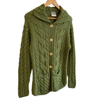 “ Carrargdonn”super merino Irish- Womens  Size L Button-down Cardigan Green 