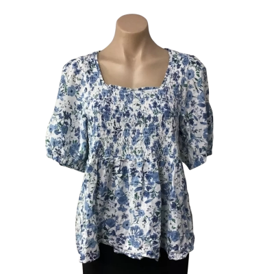 Jeanswest Womens Size 14 White / Blue Floral Linen Blend Short Sleeve Top