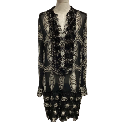 Lisa Ho 100% Silk Sheer Ruffle Size 14 Long Sleeve Dress Black  / Pattern 