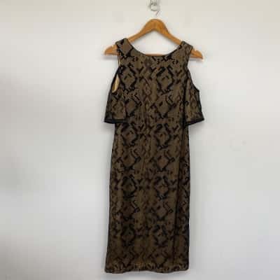Bariano Black Beige Lace Short Cut Out Sleeve Midi Dress Size 14 