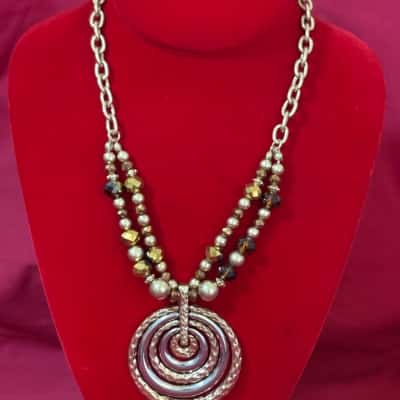  Women's Mixed Metal Two Tone Hammered Circle Necklace featuring Gold & Brown Beads