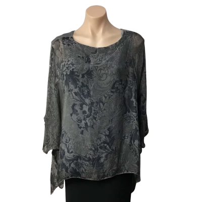 Womens One Size Pale & Dark Grey Pattern Silk Blend Short Sleeve Top