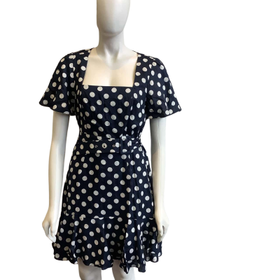 BNWT Portmans Women's Size 10 Linen Short Sleeved Mini Dress Navy Blue Dot 