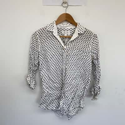 Trenery White Blue Dot French Linen Long Sleeve Shirt  Size XS