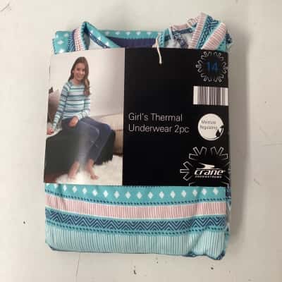 CRANE  Girls Thermal Underwear 2pc Size 14 Blue / Pattern 