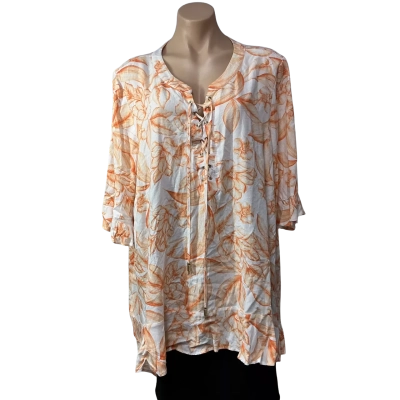 beme Womens Size 20 Orange / White Floral Linen Blend Short Sleeve Top 