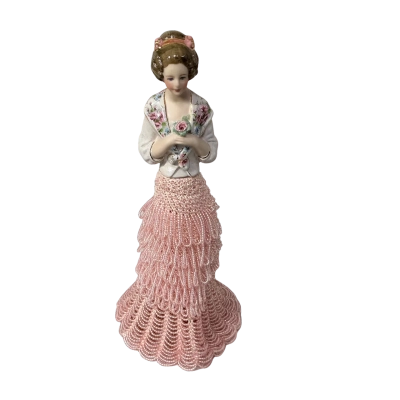 Vintage Porcelain Half-Doll Figurine with Pink Ruffled Beaded Skirt