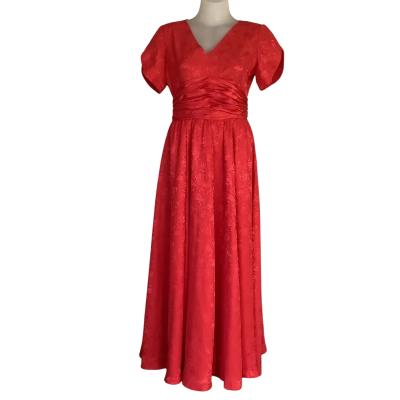 Handmade Vintage 1980s. Red Textured Floral Long Dress. Size 8-10?
