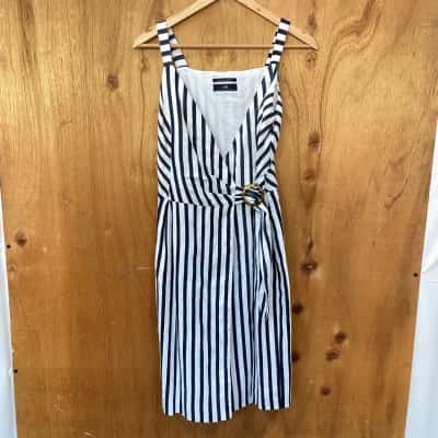Cue Black/White Striped Linen Wrap Dress Size 8