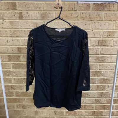 Noni B Womens LACE SLEEVE LINEN TOP BLACK Size 16 