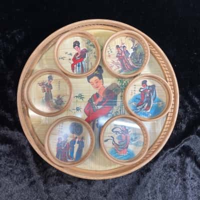 Vintage 1970s Japanese Glass & Wicker Tray and Coasters 