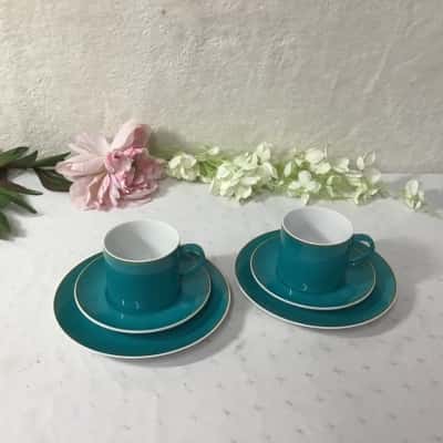 Retro Kelco Japan Turquoise 2 x Porcelain Cups Saucers & Plates