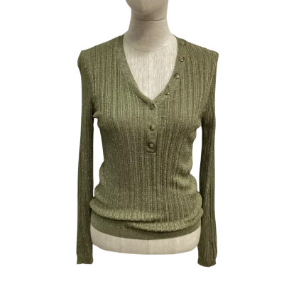Cue Womens  Size L Long Sleeve Top Green with Gold Metallic Thread