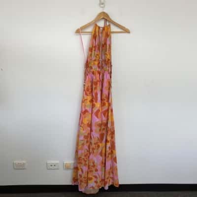 Saints + Secrets Orange Colourful Floral Open Back Cut Out Halter NEck Maxi Dress  Size 14 