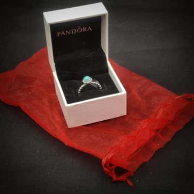 Pandora 925 Silver "December" Turquoise Stone Ring (2cm Diameter) In Original Gift Box