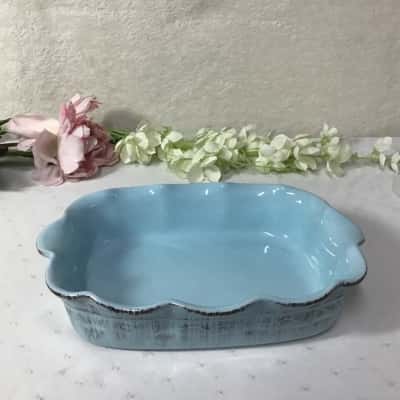 De Silva Blue / Brown Pattern Terracotta Rectangular Ruffled Edge Baking Dish