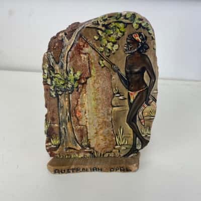 Decorative Stone Plaque With Hand-painted Scene Slice Of Opal Rock Aboriginal Australian Man